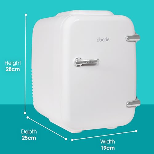 Abode White Mini Fridge A4CLR201W 4L/6 Can Portable Thermoelectric Mini Cooler & Warmer for Drinks, Cosmetics/Makeup/Skincare, AC/DC Power, Retro Style, For Bedroom, Home, Caravan, Car
