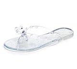 OMGard Studded Sandals for Womens Bow Flip Flops Jelly Shoes Womens Clear Jellies Flat Size 6, Summer Beach Thong Slides with Rivets Dressy Slippers Slip On