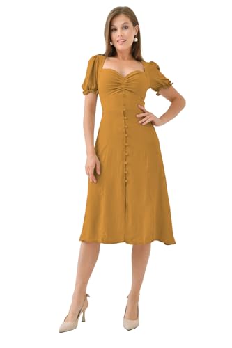 Image of Shasmi Girl's & Women's Solid Midi Dress - Elegant Square Neck Button-Down Dress with Puff Short Sleeves | Stylish Casual & Party & Office Wear Outfit (Dress 105)