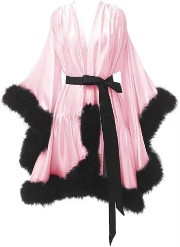 Women's Feather Robe Silk Satin Bridal Dressing Gowns Short Nightgown