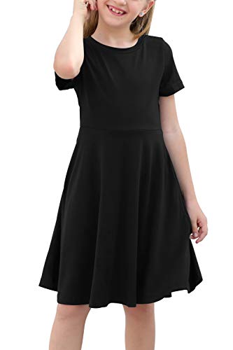 GORLYA Girls Short Sleeve Floral Print Casual Fit and Flare Party Dress with Pockets 4-12 Years, Black Color, 14 Years
