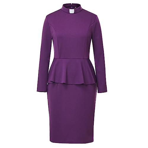 Image of FAD-4U Church Clergy Dress for Women Minister Long Sleeve Ruffle Slim Pencil Dress with Tab Insert Stand Collar
