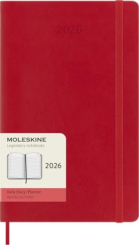 Moleskine Tagesplaner, Tagesagenda 2026 12 Monate, Mit Weichem Einband und Elastischem Verschluss, Großformat 13x21, Farbe Rot*