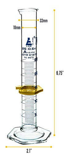 Graduated Cylinder, 25Ml - Astm, Class A Tolerance ±0.17Ml - Protective Collar, Hexagonal Base - Blue Graduations - Borosilicate 3.3 Glass - Eisco Labs #TOP4