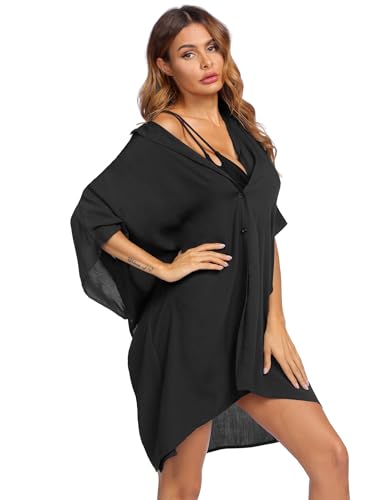 Ekouaer Women's Swimsuit Cover Up 3/4 Sleeve Beachwear Bikini Coverups Button Down Oversized Cover Up Shirt S-3XL3