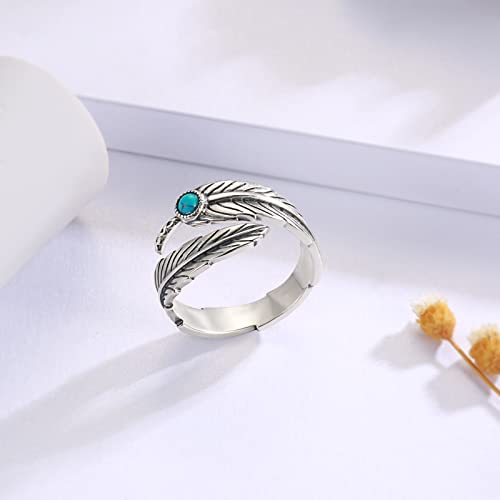 Manbu Sterling Silver Turquoise Feather Ring: Women Men Feather Adjustable Ring Vintage Style Western Jewelry Gifts For Teens Girls #TOP4