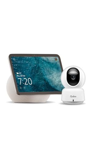 Image of Amazon Echo Show 8 (newest model), vibrant 8.7 inch HD display with spatial audio & Alexa, new sleek design, Glacier White, combo with Qubo CCTV camera