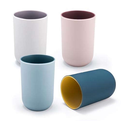 4 Pieces Plastic Bathroom Tumblers PNDID Unbreakable Toothbrush Cup Plastic Mouthwash Cup Toothbrush Holder (Light Gray Dark Blue Light Pink Light Blue)