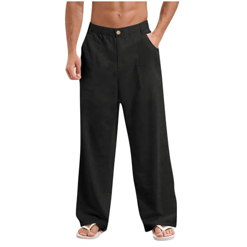 Men's Casual Pants Solid Color Elastic Waist Button Trousers Relaxed Lightweight Breathable Beach Pants with Pockets