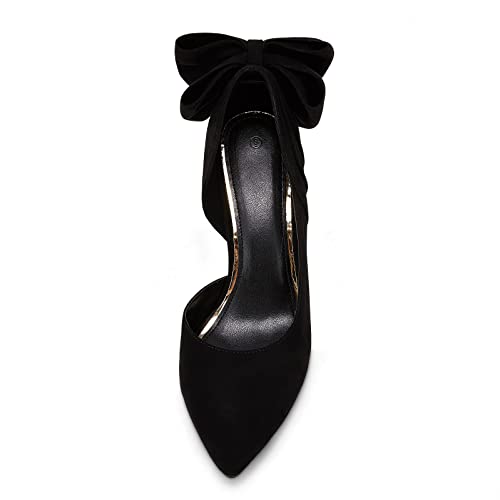 Coutgo Women's Pointed Toe High Heels Back Bow Tie D'orsay Pumps Stiletto Wedding Dress Party Suede Shoes Black Size 9 #TOP3