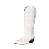 MSYIEVAD Cowboy Boots for Women Pearl Embroidered Cowgirl Boots Western Chunky Heel Mid Calf Boot with Zipper (white, 10 M US)
