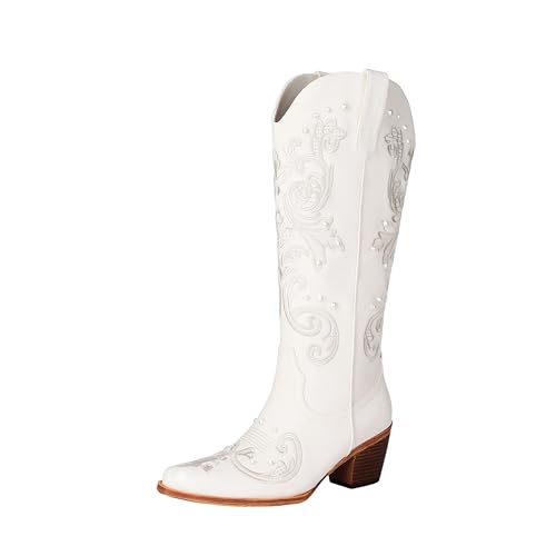 Image of Cowboy Boots for Women Pearl Embroidered Cowgirl Boots Western Chunky Heel Mid Calf Boot with Zipper