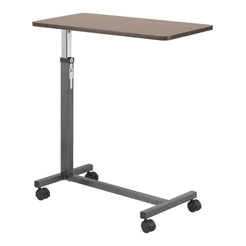 Drive Medical 13067 Non Tilt Top Overbed Table with Wheels, BedSide Table, Adjustable Overbed Rolling Table, Adjustable Standing Desk or Hospital Tray Table with Secure Height Adjustment, Silver Vein Cover