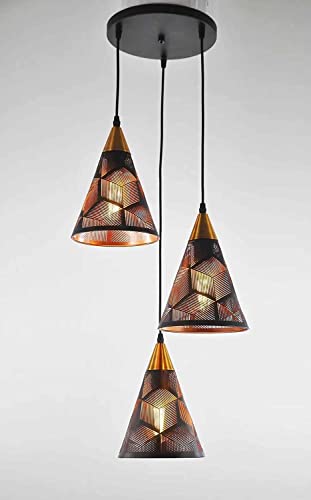Image of Metal Leaser Cut Line Design Black and Gold Pendant Light Hanging Ceiling Lamp for Living Room, Kitchen, Restuarents, Cafe (Bulb Not Include) (Cluster Line Cut Cone)