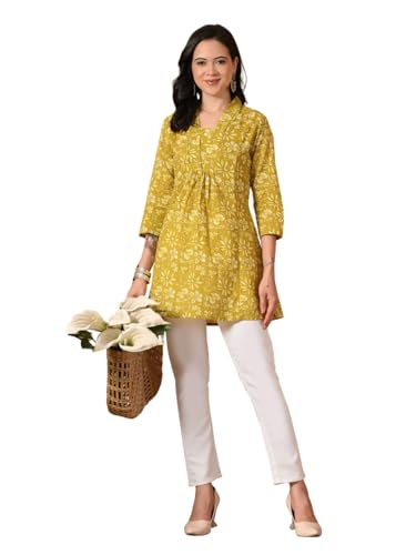 Image of Amazon Brand - Tavasya Women Ethnic Printed V-Neck Cotton Short A-line Kurta | Stylish Casual Everyday Office Top | 3 /4th Sleeve | Regular Fit