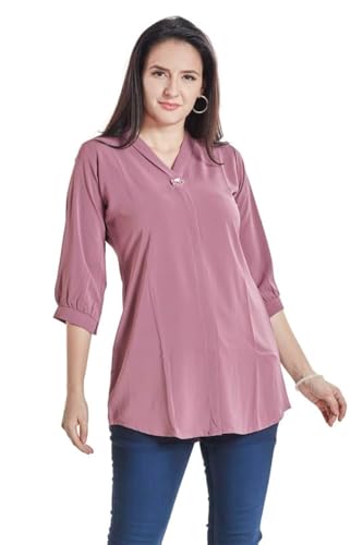 Image of nioni Women's Purple Poly Linen Blend Tunic Top with 3 /4 Sleeves, Printed Yoke, Kantha Stitch Detailing & Mandarin Collar
