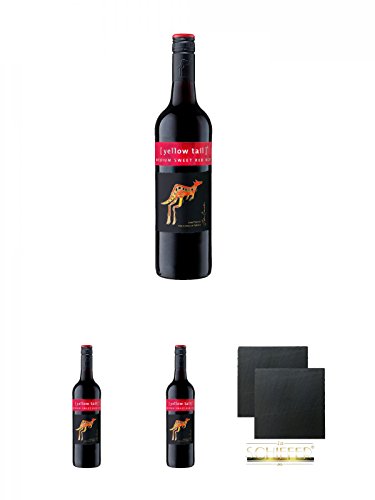 [yellow tail] Medium Sweet Red Roo 0,75 Liter + [yellow tail] Medium Sweet Red Roo 0,75 Liter + [yellow tail] Medium Sweet Red Roo 0,75 Liter + Schiefer Glasuntersetzer eckig ca. 9,5 cm Ø 2 Stück