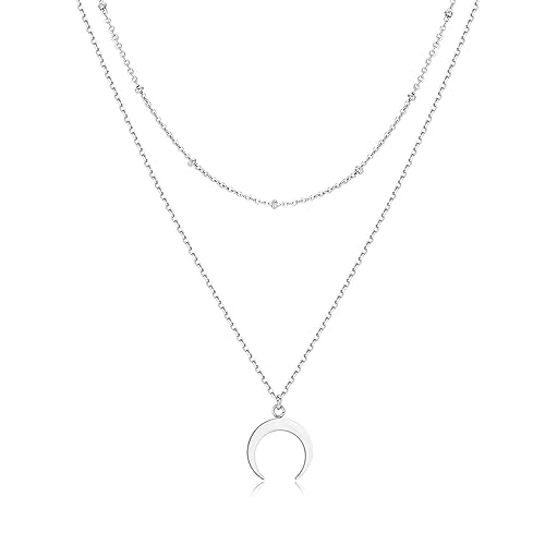 Collar de Acero Inoxidable 316L Doble Cadena Fina con Bolitas y Media Luna. Ajustable. Colgante de Acero Quirúrgico con Baño en Plata u Oro 18K. Regalo Cumpleaños. Joyas para mujer.