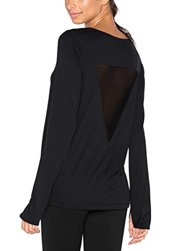 Mippo Womens Workout Active Long Sleeve Tops Open Back Shirts Long Sleeve Exercise Athletic Tops Gym Yoga Clothes Backless Self Knot at Front Top with Thumb Hole for Women Black L