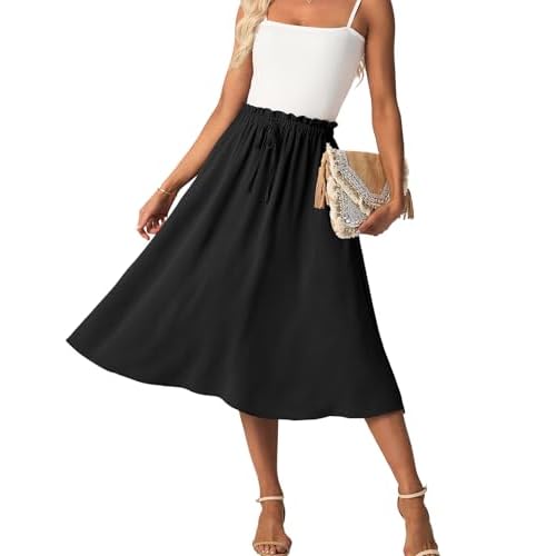 Womens Causal High Waisted Summer Midi Skirts Flowy Palazzo A-Line Long Skirt with Pockets