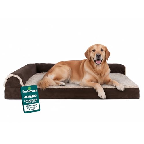Image of FurHaven Orthopedic Dog Bed for Large Dogs, L-Shaped Chaise Mattress with Orthopedic Egg Crate with a Solid Orthopedic Foam Base for Joint Support, Washable Cover, Jumbo XL, Faux Fur & Suede, Espresso