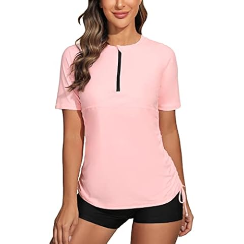 Halcurt Women's Half Zip Short Sleeve Rash Guard Swimsuit Top Ruched Swim Shirt UPF50+ Quick Dry Bathing Suit Light Pink XL Cover