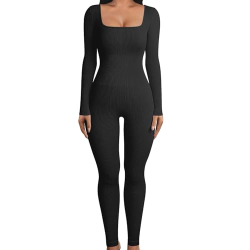 KBOPLEMQ Mono deportivo para mujer, largo, ajustado, para yoga, elástico, manga larga, bodycon, A negro., M