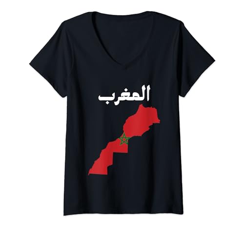 Womens Morocco Moroccan Pride Flag Map In Arabic Characters V-Neck T-Shirt