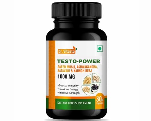 Testo-Power Capsules | Safed Musli, Ashwagandha, Satavari & Kaunch Beej 1000 Mg | Boosts Immunity & Provides Energy | Improve Strength | Dietary Food Supplement (30 Capsules - Pack of 1)