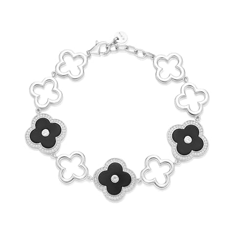 Lavari Jewelers Elegant Flower Bracelet for Women - Black Onyx & Cubic Zirconia in 925 Sterling Silver - Hypoallergenic Rhodium Plated - Adjustable Clover Bracelet with Lobster Claw Clasp Cover