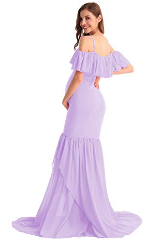 Hihcbf Women Mermaid Chiffon Maternity Gown Off Shoulder Ruffle Spaghetti Straps Photo Shoot Wedding Baby Shower Dress Lilac S #TOP5