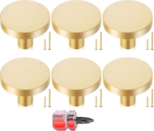 6 PCS Gold Drawer Knobs 30 * 25 mm Round Cabinet Knobs Mushroom Drawer Handles Single Hole Wardrobe Handles Aluminum Alloy Cabinet Knob with Screws for Kitchen Wardrobes Bathroom Home Decoration