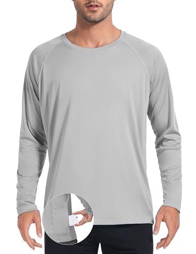 Desol Camiseta de manga larga para hombre con bolsillos, protección solar UPF 50+, para surf, correr, natación, senderismo, gris, L