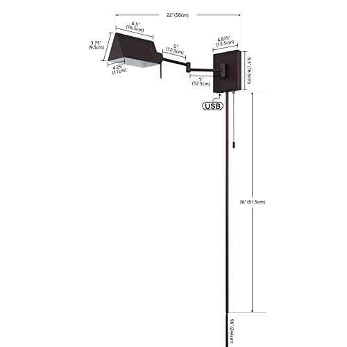 JONATHAN Y 22" Oil Rubbed Bronze 1-Light Swing Arm Wall Sconce, Plug-in or Hardwired with USB Charging Port and Pull Chain, Iron Shade, Industrial LED Reading Lamp JYL6015A by JONATHAN Y - Image 4