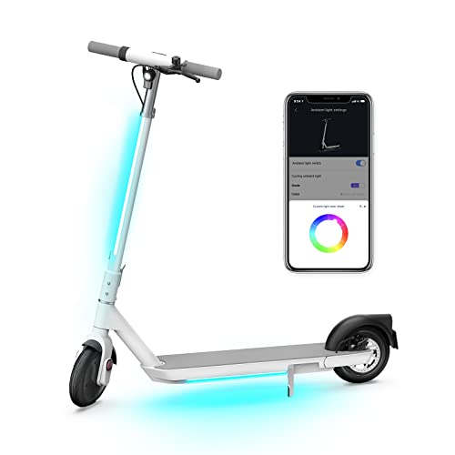 OKAI NEON Electric Scooter with Atmospheric Lights - 25 Miles Range & 15.5 Mph - Lightweight Folding Commuter E Kick Scooters for Adults (White)