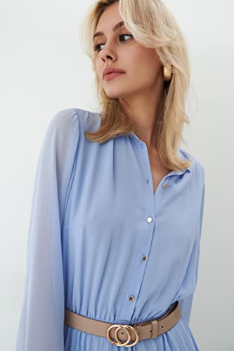 Image of Business Casual Shirt Dress for Women Long Sleeves Pleated Midi Dresses with Belt