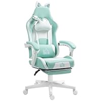 HOMCOM Gaming Chair for Adults with Cat Ears, Faux Leather Reclining Computer Chair with Footrest, Lumbar Support and Headrest, Height Adjustable Swivel Seat, Light Blue