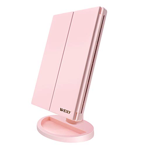 WEILY Espejo de Maquillaje, 1x / 2X / 3X Espejo de Maquillaje de Tres Pliegues con 21 Luces LED y Pantalla táctil Ajustable Espejo Iluminado Espejos cosméticos de encimera (Rosado)