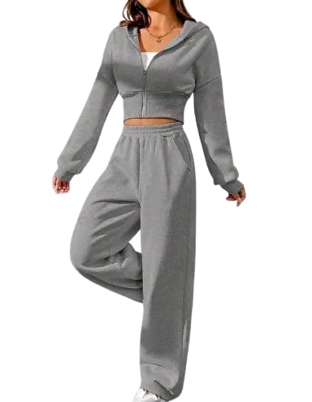 Women's Two Piece Tracksuit Set, Grey Cropped Zip-Up Hoodie with Wide Leg Sweatpants, Casual Athletic Loungewear (IN, Alpha, M, Regular, Grey)