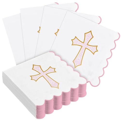 Crtiin 50 Pack pink cross pattern Paper Napkins 3 Ply 5 x 5 in Baptism Disposable Cocktail Napkins with Scalloped Edges for Christening Religious First Communion Newborn Baby Shower Party Supplies