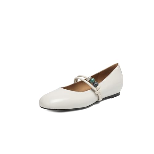 Mary Jane Shoes Women Closed Toe Flats Double Straps with Pearls Slip On Confortable Casuals Office Work Flat Shoes