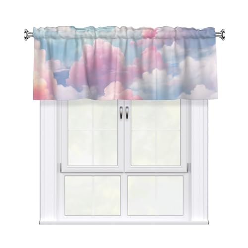 Mexpekil Short Rod Pocket Curtain Valance, Surreal Sky With Fluffy Clouds Dreamy Window Treatment for Kitchen Bedroom Bathroom, 1 Panel, 54 W x 18 L