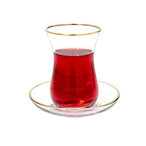 Vikko Turkish Tea Glasses & Saucers, Set, 6 Cups and 6 Plates, 5.5 Oz Tea Cups, Turkish Glass Tea Set For Six, Clear Glass Tea Cups And Saucers, Gold Accented