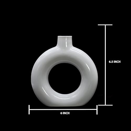 Image of Modern Ceramic Ring Vase with Pink Floral Stems, White, Decorative Flower Holder for Home (6 INCH)