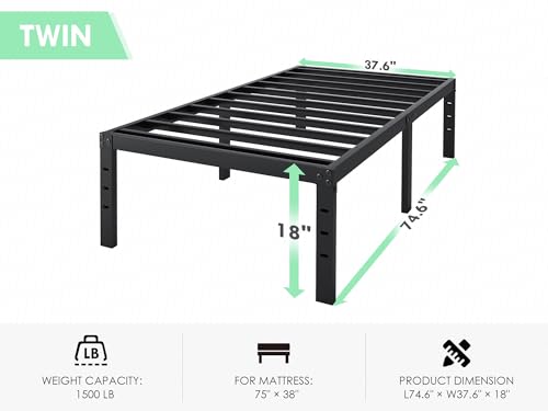 QEROMY Twin Bed Frame - 18 in Sturdy Platform Bed Frame Twin Size, Heavy Duty Metal Bed Frame No Box Spring Needed, Quick & Easy Assembly, No Noise, Black