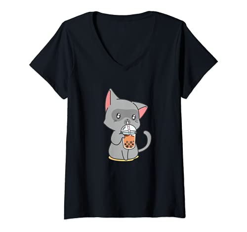 Donna Bubble Tea Kawaii Boba Tea Japanese Lover Cat Kitten Anime Maglietta con Collo a V