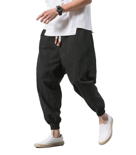 INVACHI Men's Baggy Harem Pants Japanese Linen Sweatpants Elastic Waist Hip Hop Joggers for Men