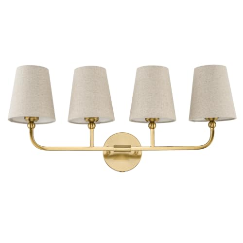 Image of 4-Light Brushed Gold Bathroom Vanity Light, Brown Linen Fabric Shade | 28 Inch gold bathroom light fixture over mirror, UL listed, E26 bulbs, hardwired, upward only, VL837-BG-L-4