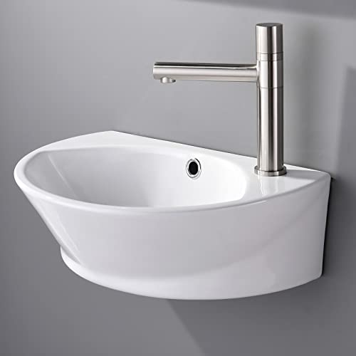 Vesla Home Commercial 18"X12" Small Oval White Ceramic Corner Wall Mount Sink,Floating Tiny Wall Hung Bathroom Sink Mini Porcelain Vanity Vessel Sink For Small Bathroom,Right Hand #TOP2
