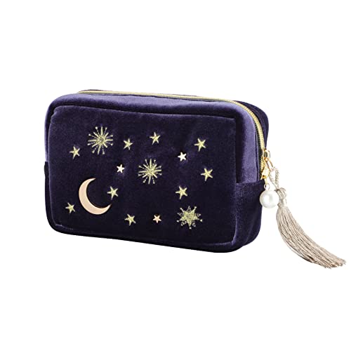 Handy cosmetic makeup bag,Navy Velvet Embroidered Applique Moon Stars Sun Cosmetic Bag,Starry Makeup Pouch with Tassels & Pearl Zipper,Beautician Storage Bag Clutch Handbags,Toiletry Wash Bag